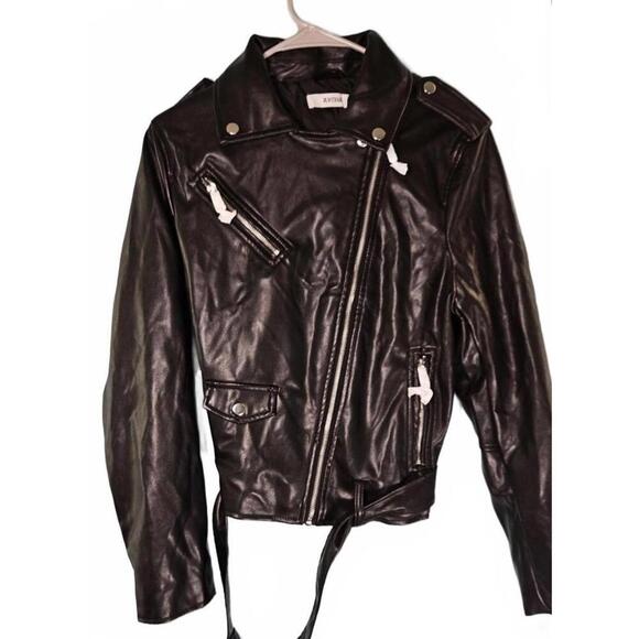 Just Fab Women's Belted Black Faux Leather Biker Jacket New With Tags Size Large - Picture 1 of 12